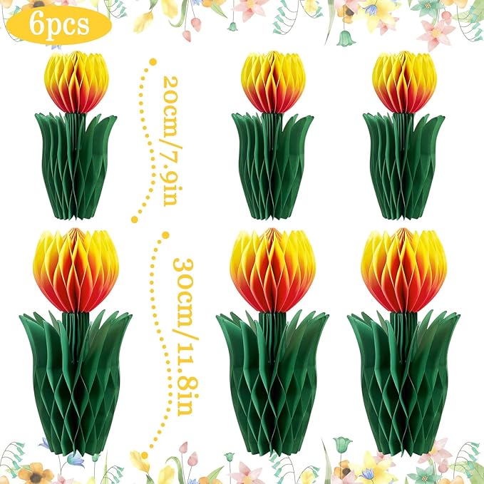 OBBOLO 6 Pcs Tulip Honeycomb Decorations, Spring Decorations for Office, Spring Table Decor, Tulip Party Decorations, Spring Centerpieces for Tables for Mothers Day Spring Party, Womens Day