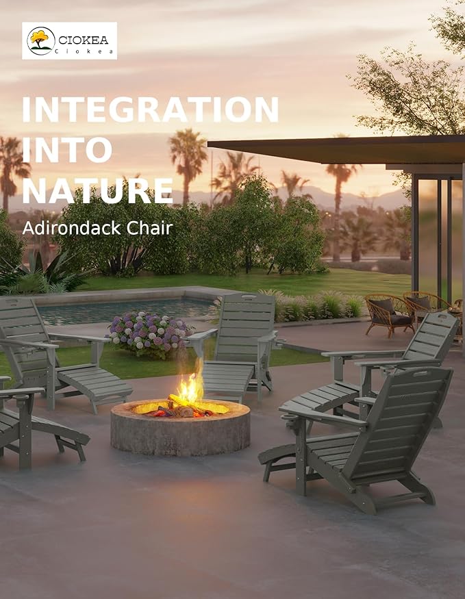 Ciokea Folding Adirondack Chair Set of 6 with Retractable Ottoman Fire Pit Patio Chair with Pull Out Foot Rest Weather Resistant Lawn Outdoor Chair with 2 Cup Holder (Grey)