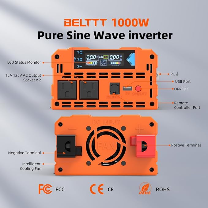 BELTTT 1000Watt Pure Sine Wave Inverter 12V DC to 120V AC for RV, Truck, Off-Grid, Solar Inverter 12V to 110V Converter with Dual AC Socket and 5V 2.1A USB, Power Inverter, Intelligent LCD, 2000W Peak