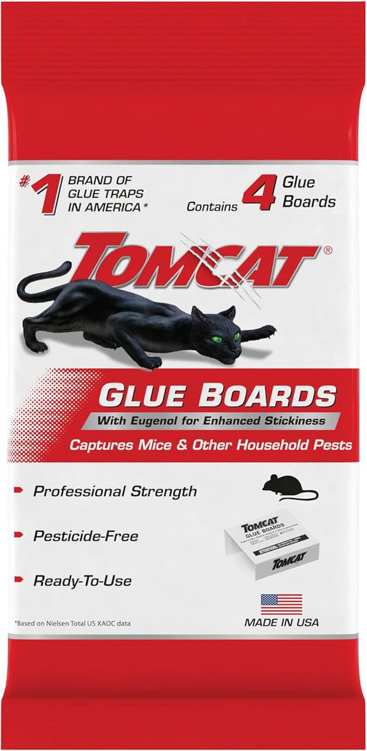 Tomcat Glue Boards with Eugenol — Enhanced Stickiness for Mice, Cockroaches & Insects, Flat or Covered Use, Ready-To-Use, 4 Traps