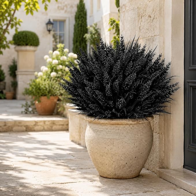 Geegoods Artificial Black Flowers Outdoor – 24 Bundles UV Resistant Faux Lavender Plants with Monkey Grass for Halloween Porch Window Box Patio Hanging Planter Garden Decor