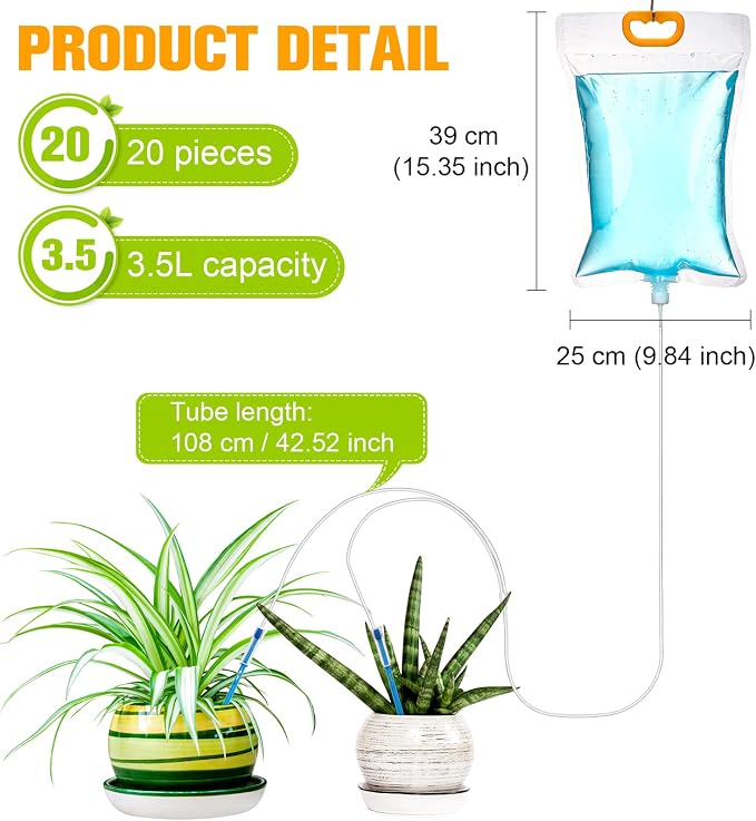 Honeydak 3.5 L Plant Iv Water Bag Automatic Switch Plant Watering System Hanging Self Watering Spikes Drip Bag Kits Home Irrigation Sprinkler Device for Indoor Outdoor Garden Potted(14 Pieces)