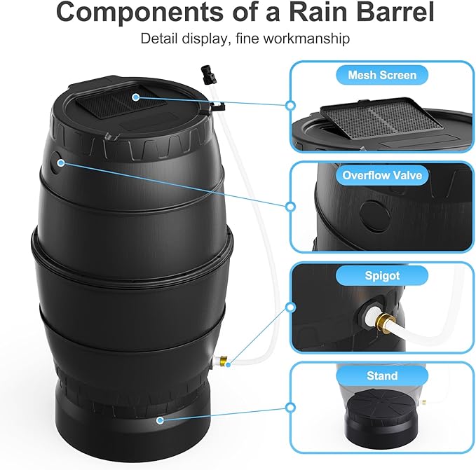 45 Gallon Rain Barrel with Stand for Gutter Rainwater Collection, BPA-Free Water Storage Barrel with Mesh Screen, Spigot and Overflow Valve for Garden Watering and Outdoor Use