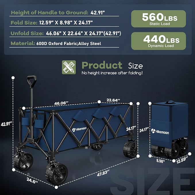 Hikemoon 300L Extra Large Wagons Carts Foldable, 560LBS Heavy Duty Collapsible Beach Wagon 48" Long with Big All-Terrain Wheels, Utility Folding Cart for Camping, Grocery, Sports, Garden, Blue