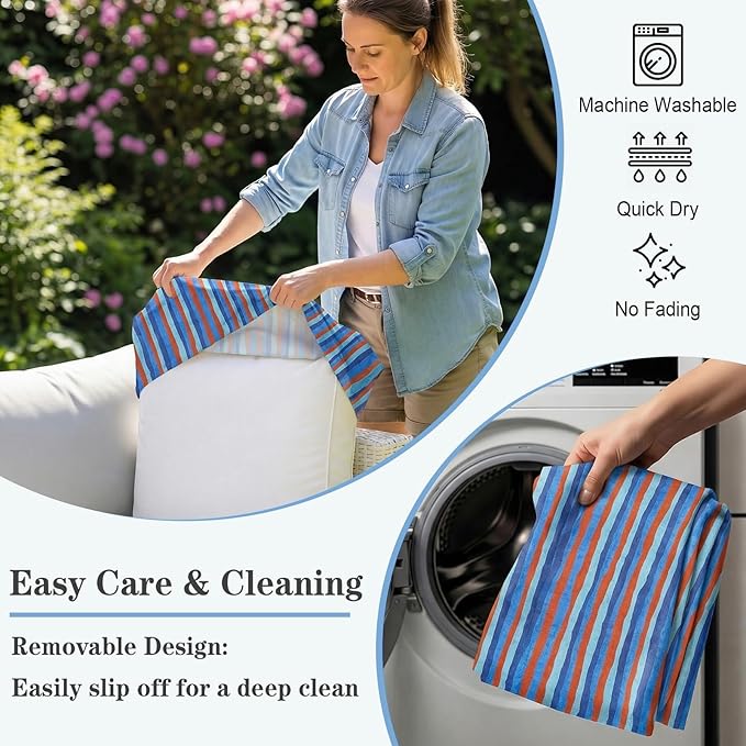 8 Pack Outdoor Cushion Covers Water Resistant High Stretch Fit Patio Cushion Covers 180g Couch Seat Slipcovers Machine Washable Pet & Kids Friendly Home Refresh 20-27 Inch, Teal Stripe