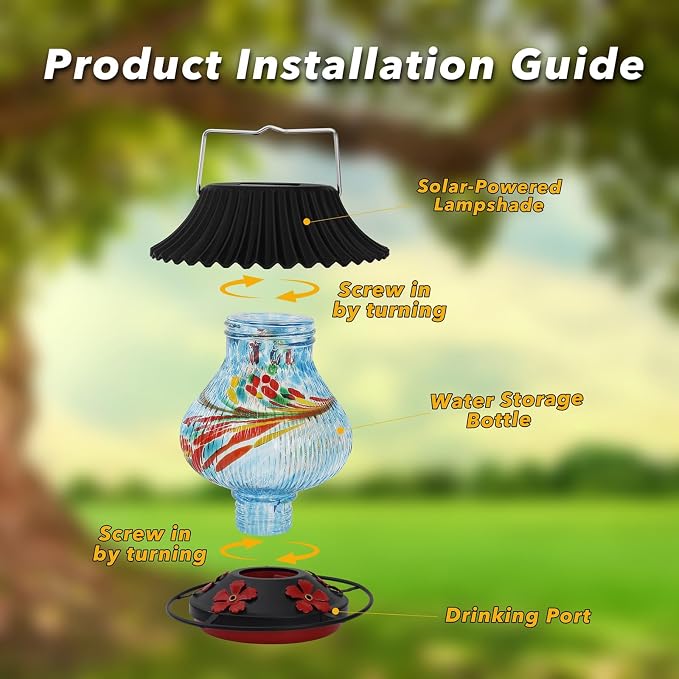 Solar Glass Hummingbird Feeder for Outdoors- 26 fl.oz Best Hummingbird Feeders with Ant Moat & Perch - 5 Feeding Ports - Wasp Leak Proof- Hand Blown Glass Color Changing Glowing in Dusk