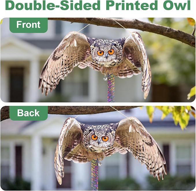 Fake Owl Hanging Outdoor Decoration, 5 Pack Flat Garden Owl with Reflective Tape and Bell to Scare Squirrel Pigeon Woodpecker from House Patio Yard Porch Window, Plastic Owl Scarer