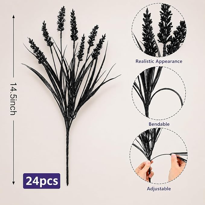 Geegoods Artificial Black Flowers Outdoor – 24 Bundles UV Resistant Faux Lavender Plants with Monkey Grass for Halloween Porch Window Box Patio Hanging Planter Garden Decor