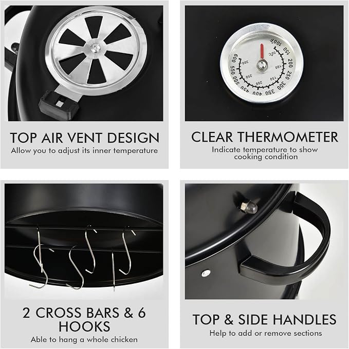 Giantex 3-in-1 Outdoor Smoker Grill, Portable Charcoal BBQ Grill, Built-in Thermometer and Air Vent, 6 Hooks, 2 Layers Vertical Steel Charcoal Smoker for Outdoor Cooking Camping
