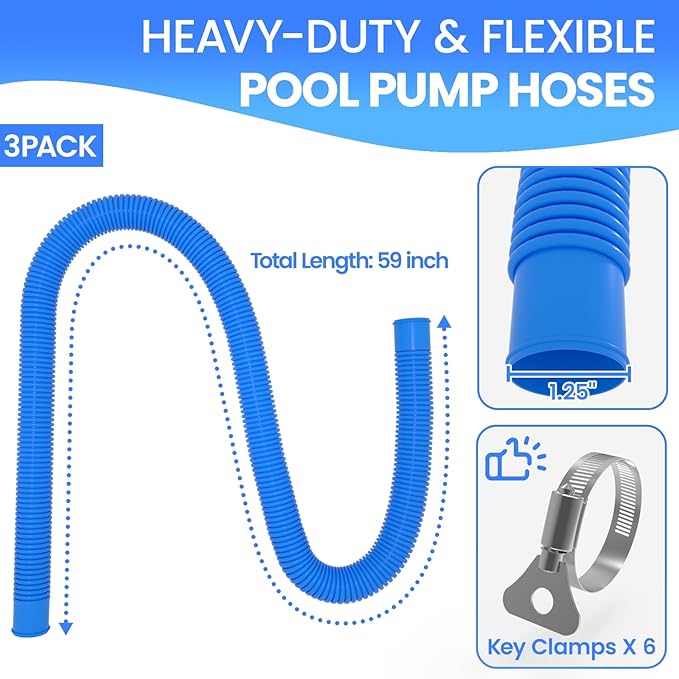Poolvio Pool Hoses for Above Ground Pools 1.25" Diameter x 59" Long, 3-Pack, Heavy Duty UV Resistant & Leak-Proof Pool Pump Hoses with 6 Metal Thumb Clamps, Fits Intex Filter Pump 607/637
