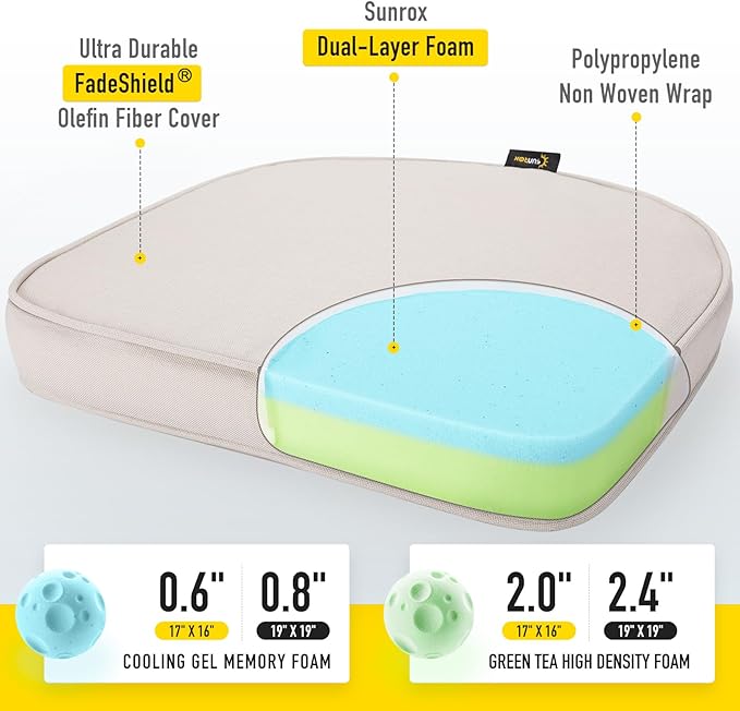 SUNROX Gel Memory Foam Chair Cushions, FadeShield Water-, Stain-Resistant Durable Reversible Seat Cushion Pads with Ties for Indoor/Outdoor Kitchen Dining Office, 19"x19", Set of 4, Cream