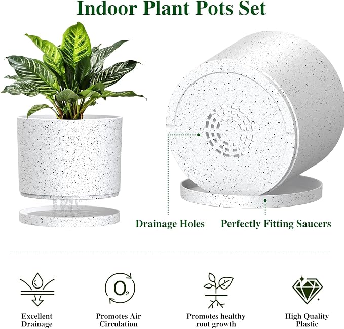Plant Pots, 10/9/8 Inch 3 Pack Cylindrical Flower Pots with Drainage Holes and Saucers, Plastic Planters for Outdoor Indoor Plants,White with Black Speckles