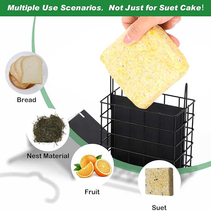 Gbekery All-Metal Double Suet Bird Feeder for Outdoors Hanging, Suet Cake Cage Holder with Weather-Resistant Roof & Perch for Outside Garden, Black