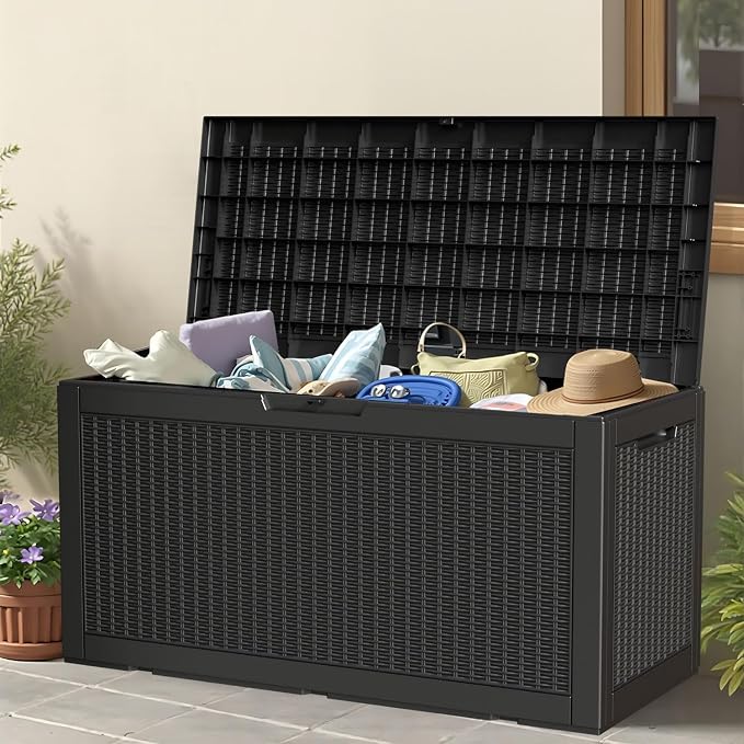 100 Gallon Storage Box, Waterproof Resin Deck Box with Hydraulic Piston Design, Lockable Storage Bench for Package Delivery, Storage Bin for Patio Cushions, Garden Tools, Black