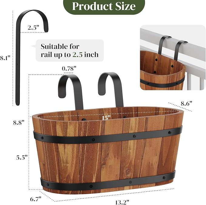 Railing Planters for Outdoor Plants Balcony Hanging Flower Pots with Detachable Hooks, Window Flower Box Hanging Bucket Pots Fence Planters for Garden Home Decor (Brown-2pack, Large)