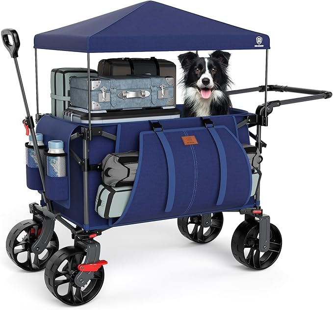 EVER ADVANCED Folding Push Wagon with Canopy, Portable Shopping Cart with Brakes, Collapsible Wagon Cart with All-Terrain Big Wheels for Camping, Beach, Sports