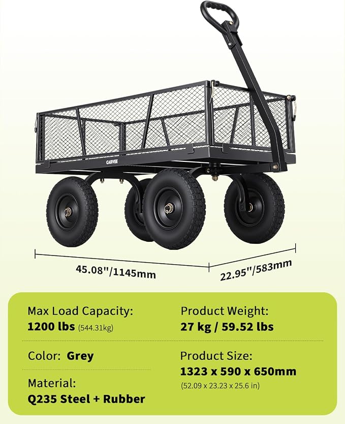 Garvee Versatile Outdoor Utility Cart - 1200LBS Heavy-Duty, 13" All-Terrain Pneumatic Tires,Vehicle-Connectable, Easy Maneuverable Lawn Cart with Removable Mesh Panels for Gardening & Landscaping,Grey