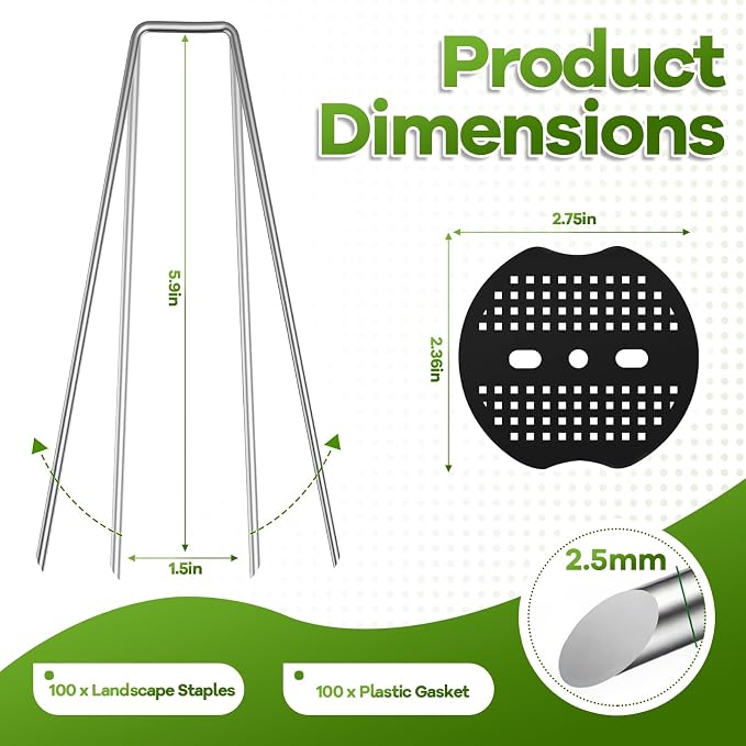200PCS Garden Stakes Landscape Staples Set, 6 Inch Landscape Fabric Staples with Gasket, 11 Gauge Heavy Duty Galvanized Garden Ground Pins for Weed Barrier, Plant Covers, Irrigation Tubing