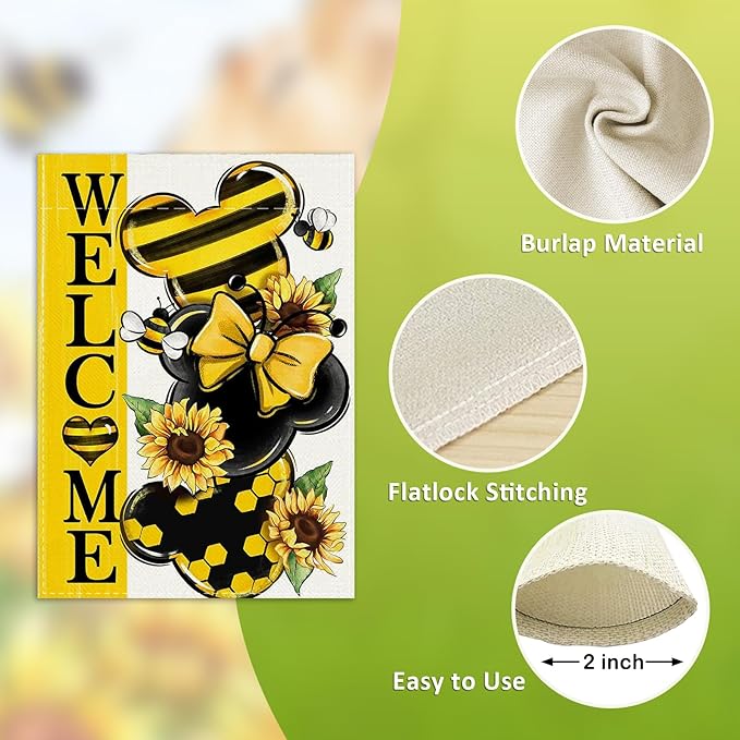Welcome Spring Decorative Garden Flag, Yellow Sunflower Honey Bumble Bee Yard Outside Decorations, Seasonal Burlap Outdoor Small Home Decor Double Sided 12 x 18