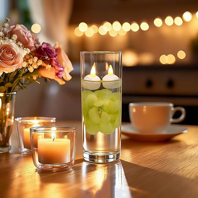 24 Pack Flameless Floating Candles and Floating Artificial FlowerLed Battery Operated Waterproof Tea Lights for Cylinder Vases Centerpieces at Wedding, Party, Pool Decor