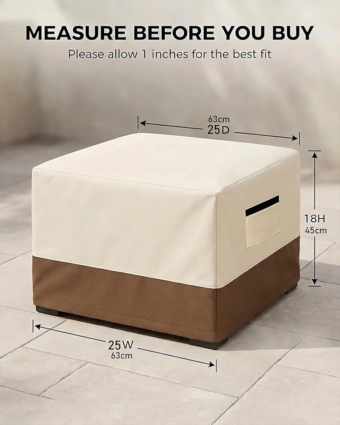 Waterproof Patio Ottoman Cover, Square Outdoor Side Table Furniture Cover with Padded Handles, 600D Heavy Duty Windproof All-Weather Patio Furniture Cover,UV Resistant, 25 x 25 x 18 Inch, Beige&Brown