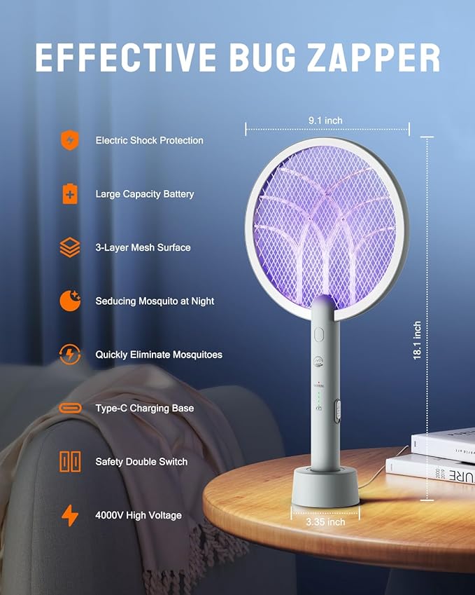 Mosiller Electric Fly Swatter Racket, 4000V Bug Zapper with 1800mah Rechargeable Battery & Dual Modes, 2 in 1 Purple Mosquito Light Killer with 3-Layer Safety Mesh for Indoor Home Patio Camp(2 Pack)