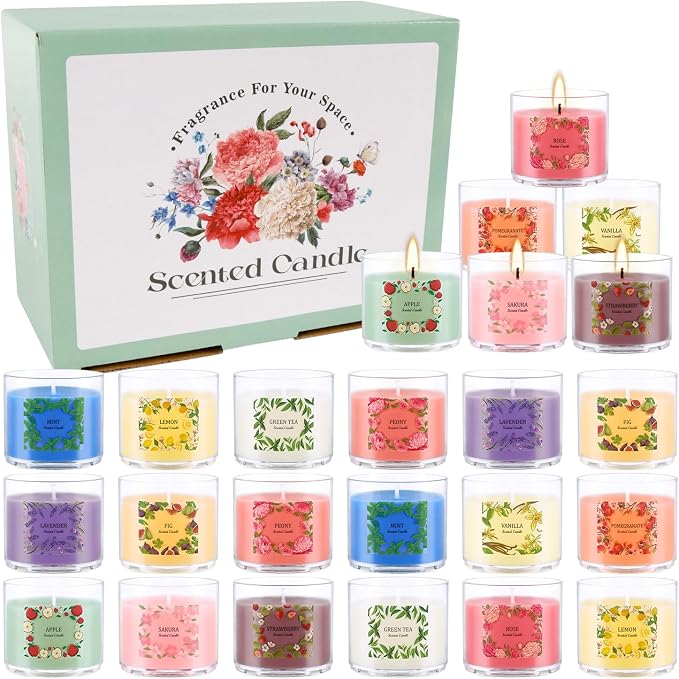 Scented Candles Gift Set, 24 Pack 2oz Soy Wax Aromatherapy Candles with 12 Fragrances, Long Lasting Smokeless Candles in Clear Acrylic Cups with Cotton Wick, Birthday Gifts for Women, Home Decor