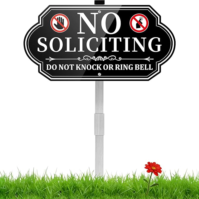 No Soliciting Sign for House, No Soliciting Yard Sign for Front Door Home, Aluminum Metal No Solicitation Sign 14 x 7 inches, with 28 inches Stake, Do Not Knock or Ring Bell