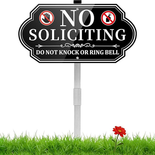 No Soliciting Sign for House, No Soliciting Yard Sign for Front Door Home, Aluminum Metal No Solicitation Sign 14 x 7 inches, with 28 inches Stake, Do Not Knock or Ring Bell