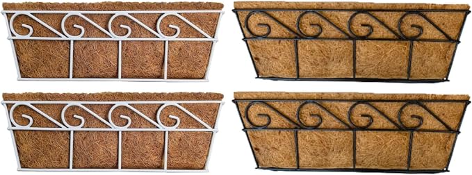 LaLaGreen Bundle (2 Pack, 16 Inch White + 2 Pack, 16 Inch Black) Window Flower Boxes Basket Outdoor, Deck Railing Hanging with Coco Liners, Metal Horse Troughs Modern Garden Balcony Fence Patio Porch