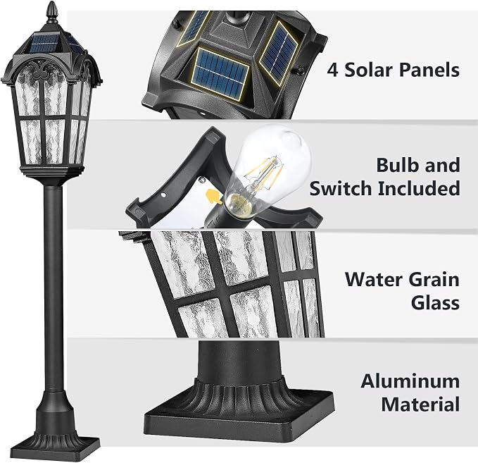 Emliviar Solar Pole Light with Pier Mount Base, Auto On/Off Walkway Lamp in Black Finish, Solar Pathway Light with Water Grain Glass Shade, LED Bulb Included, YXE302PL-SL BK