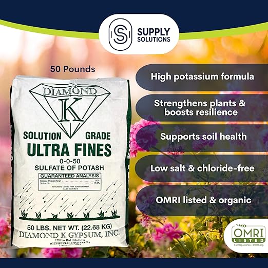 Supply Solutions Sulfate of Potash 0-0-50 Plant Fertilizer- Potassium Fertilizer for Indoor Plants Food, Outdoor, Flowers, Gardens, Fruit, Lawn - Potassium Plant Food with Nutrients (50 Pounds)