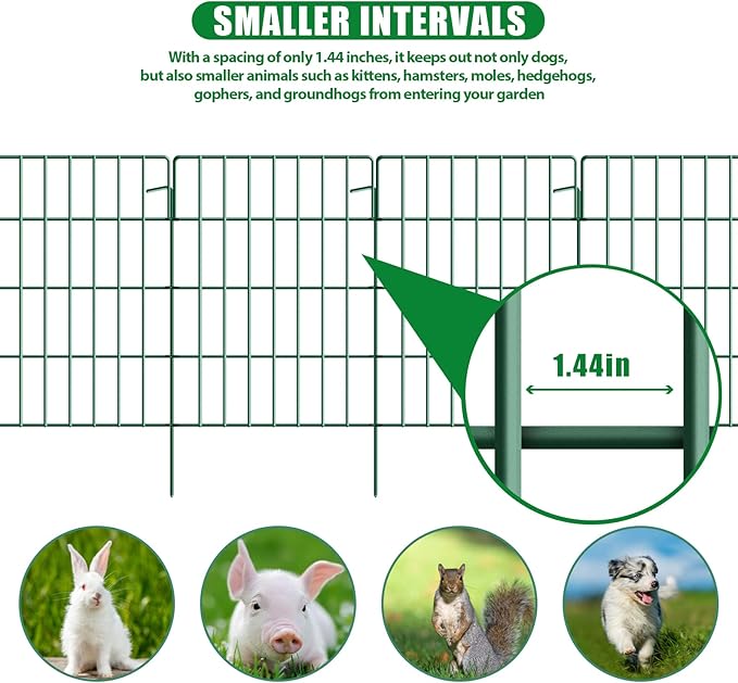10 Pack Garden Fence Animal Barrier Fencing 1.44 inch Spacing Total 10.8ft (L) x 24in High Rustproof Metal Wire Yard Blocker Rabbit Dog Border for Outdoor Flower Bed Decor Green