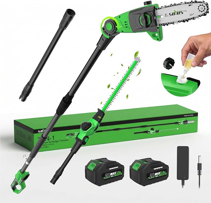 SOYUS 2-in-1 Pole Saw 8-Inch Cordless and 18-Inch Pole Hedge Trimmer, Pole Saw for Tree Trimming with 2x 3.0Ah Battery & Charger, 15-Foot Max Reach Pole Chainsaw with Multi-Angle, Auto Oiling