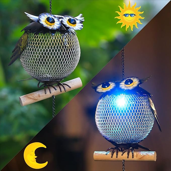 Solar Owl Bird Feeder Squirrel Proof for Outside - Unique Cute Metal Animal Shaped Wild Bird Feeder with Solar Light, Wind Chime, Gift for Bird Lovers(Owl)