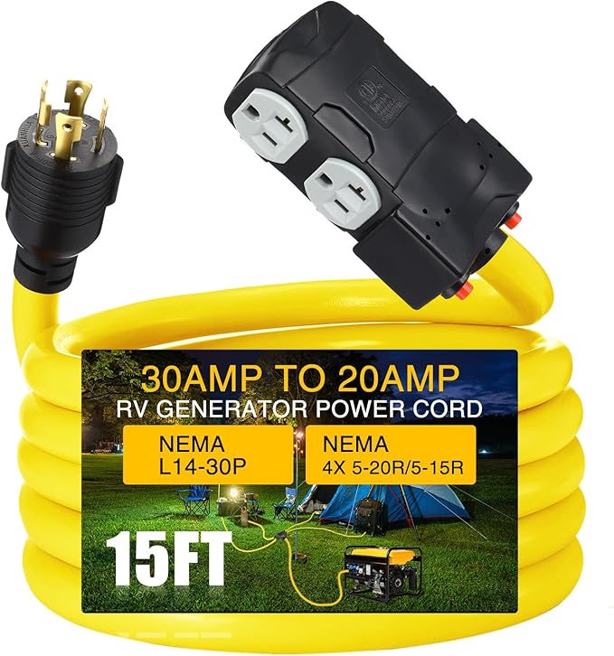 Kanayu 15FT 30 to 20 Amp 110V Generator Distribution Adapter Compatible with NEMA L14-30P to NEMA 4X 5-20R/ 5-15R, 4 Prong Generator Locking to Four Household Outlet with 20 Amp Circuit Breaker