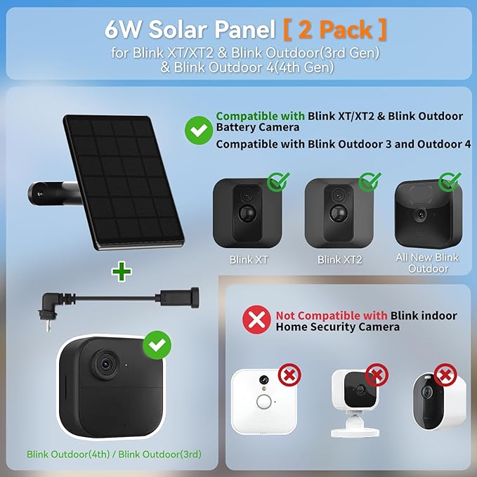 6W Solar Panel for Blink Camera,Security Camera Solar Panel Compatible with Blink Outdoor 2K+,4th/3rd/XT3,XT2/XT, Waterproof Rubber Plug, 360° Adjustable Mount,10Ft Outdoor Power Cable(2 Pack)