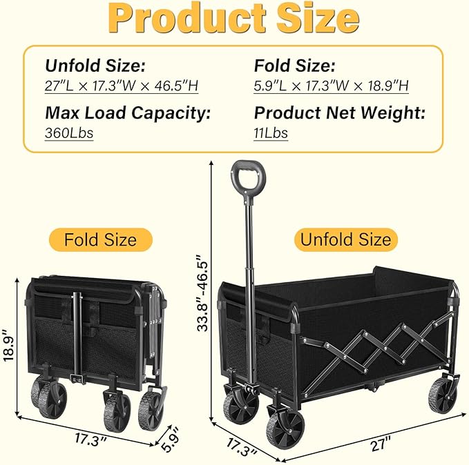 Wagons Carts Foldable - Collapsible Wagon 360Lbs, Folding Wagon Cart with Wheels, Foldable Wagons Portable for Groceries, Sports, Camping, Storage, Travel, Shopping -Jet Black