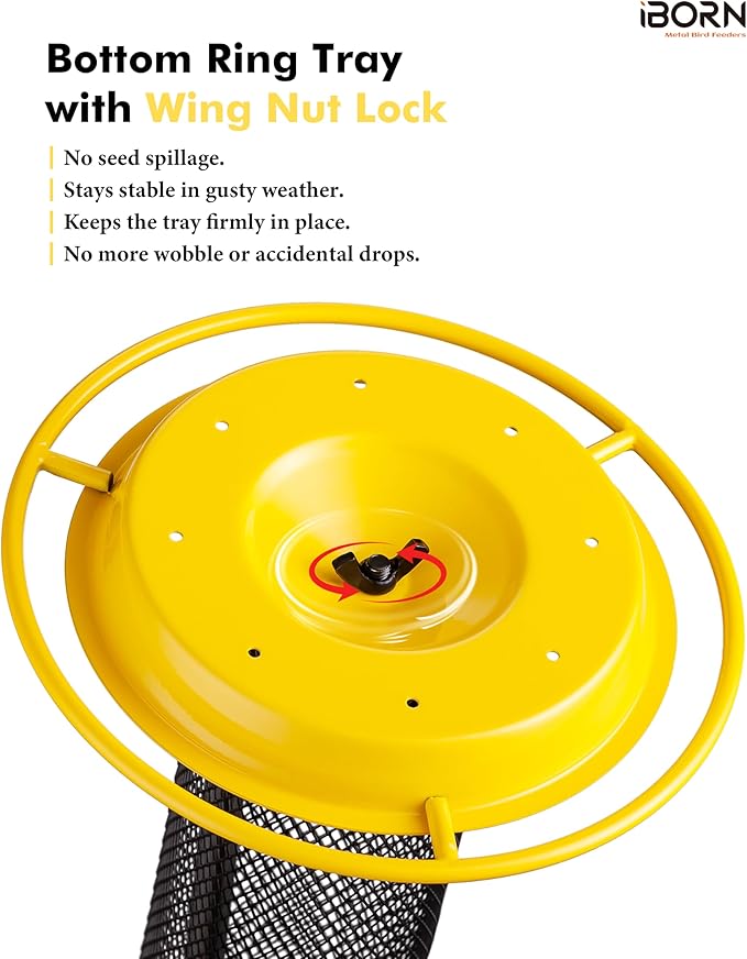 iBorn Finch Feeders for Outside,Thistle Bird Feeders for Outdoors Hanging,Nyjer Seed Feeder,Metal Mesh Tube Bird Feeder 13.5 Inch with 17cm Weatherproof Large Roof and Tray,2 LB Capacity,Yellow