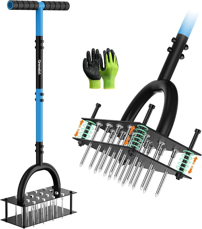 Grenebo Lawn Aerator Manual Aerator Lawn Tool with 16 Spikes, Metal Grass Aerator for Yard, Lawn Aeration, Automatic Soil Ejection, Pre-Assembled Lawn Aerator Tool (Black Blue)