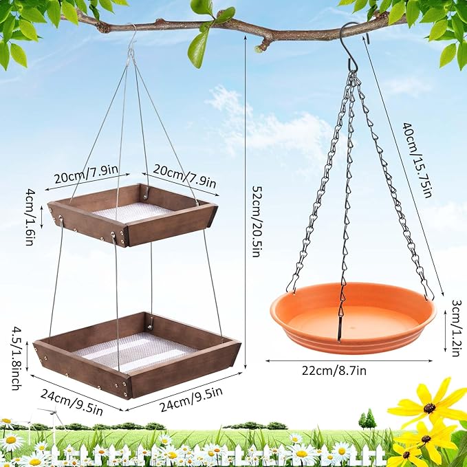 2 Tier Large Platform Cedar Bird Feeders with Round Hanging Birds Watering Tray, Bird Bath, Wooden Mesh Seed Tray Platform for Outdoors Garden Decor, for Cardinal Blue Jay