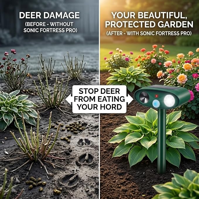 2026 Upgraded Sonic Fortress Pro Deer Repellent Devices with USB Charge,Solar Ultrasonic Animal Repellent with Motion Sensor&Flash Light,Rabbit Fortress Pro to Scare Squirrel Cat Out of Yard 2Pack