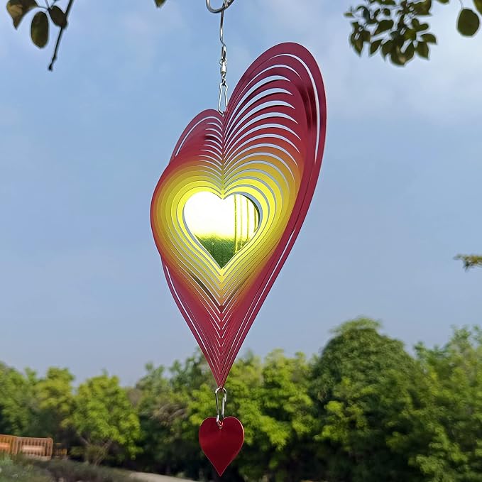 DJUAN Wind Spinner Red-Yellow Gradient Love Heart 3D Metal Hanging Wind Spinners Worth Gift Stainless Steel Yard Art Decorations Indoor/Outdoor Kinetic Wind Sculptures & Spinners