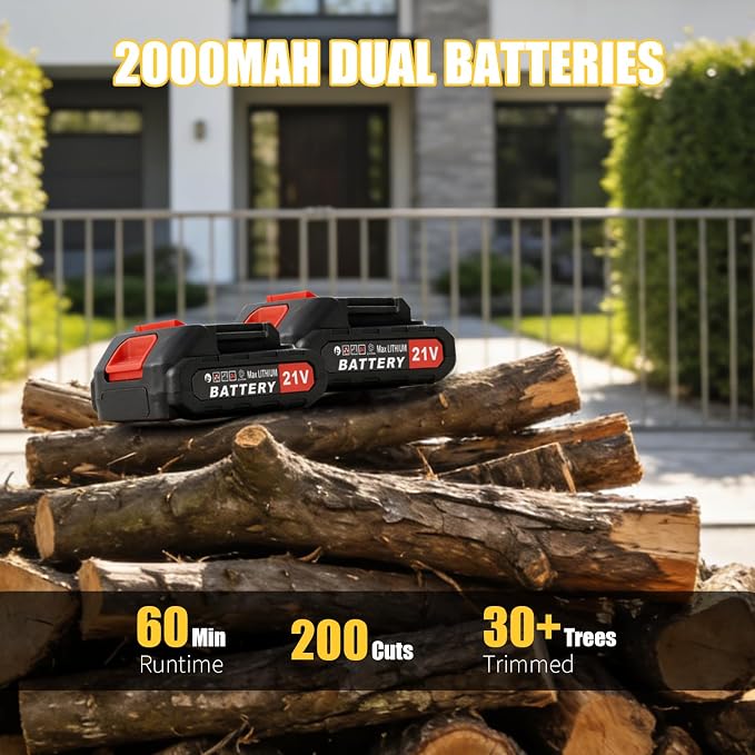 Cordless Pole Saw Electric Tree Trimmer, 2-in-1 Polesaw & Mini Chainsaw with Extension, Includes 2x21V Batteries & Complete Kit for Pruning & Limbing