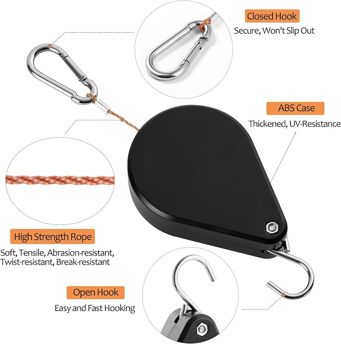 WROSWT Upgraded Retractable Plant Hanger,Plant Pulleys for Hanging Plants,Easy to Raise and Lower,Auto Lock,Heavy Duty,Adjustable Hook for Garden Baskets Pots,Birds Feeder,(6Pcs,Black)