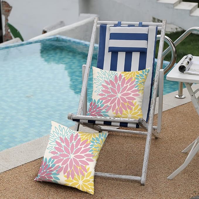 DFXSZ Pink Yellow Blue Flower Pillow Covers 18x18 Inch Set of 2 Outdoor Throw Pillows Outdoor Waterproof Decor for Living Room Sofa Patio Funiture Garden Floral Polyester Pillow Covers 012A18