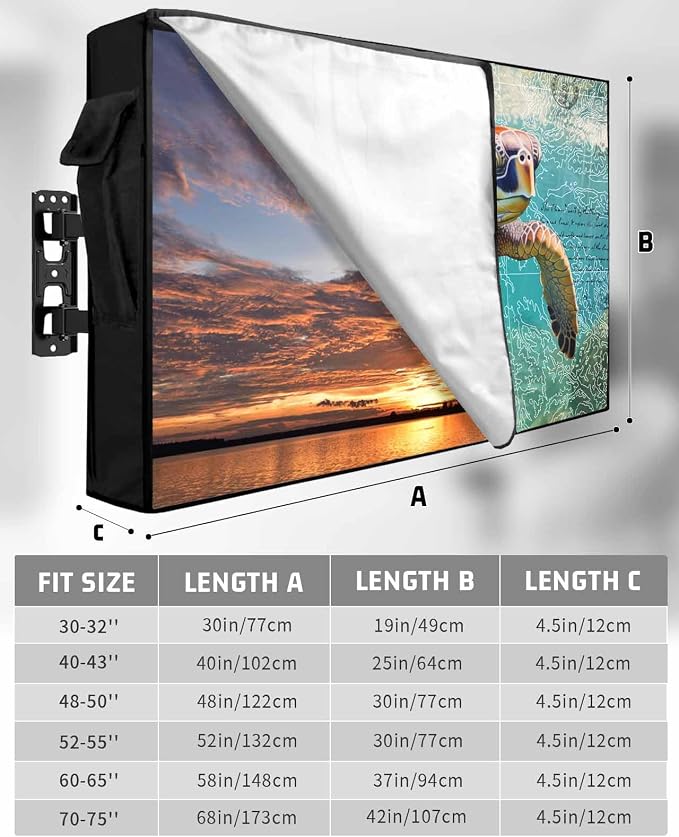 Ocean Sea Turtle Nautical Map Outdoor TV Cover 65 Inch Weatherproof, 600D Thick Waterproof Outdoor TV Screen Protector with Zipper for 60 to 65 inch Screens
