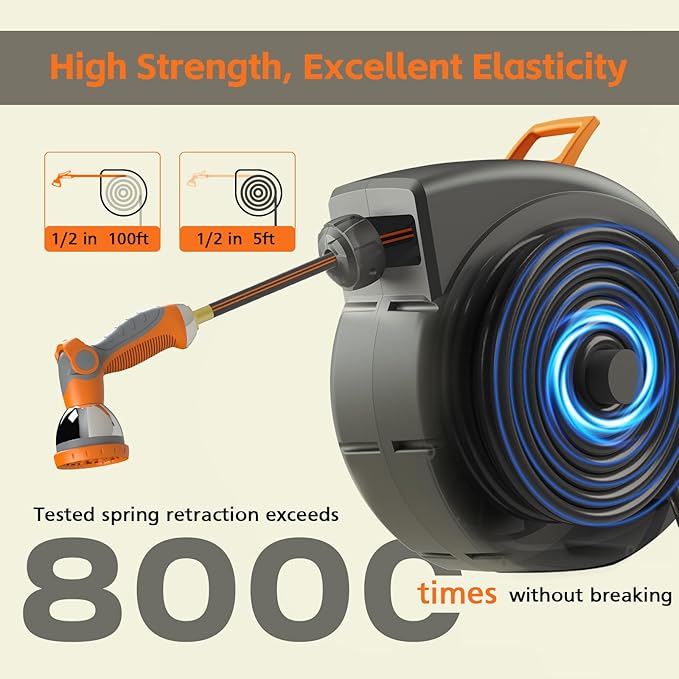 Retractable Garden Hose Reel 100 FT, 1/2" Heavy Duty Garden Hose 435 PSI Burst Pressure, Wall Mounted Water Hose Reel with 10-Pattern Nozzle, 180° Swivel, Slow Auto Rewind & Any Length Lock