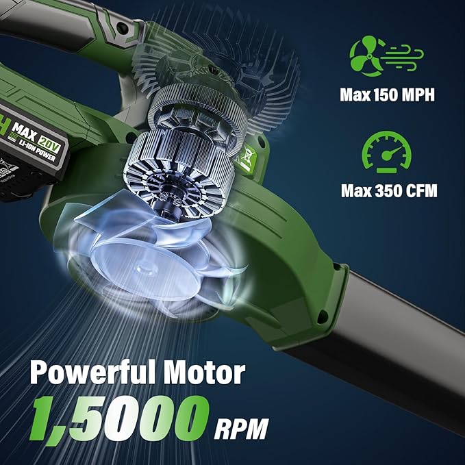 SEYVUM Leaf Blower, 20V Cordless Blower with 2 x 2.0Ah Battery, Electric Leaf Blowers for Lawn Care, 350 CFM 150 MPH Battery Powered Leaf Blower, for Patio, Garden Cleaning, Fast Charger, Dark Green