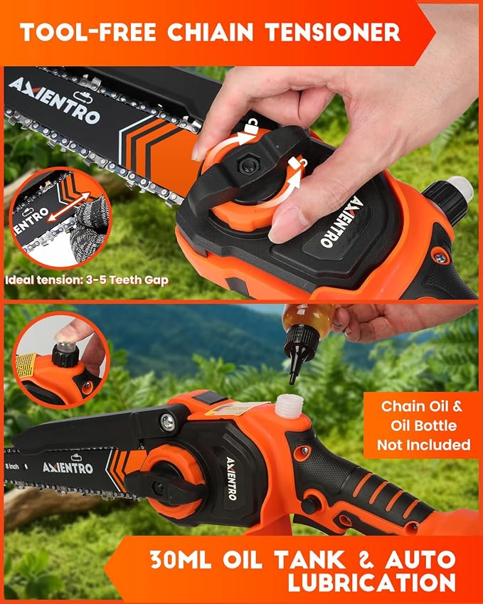 Electric Pole Saws for Tree Trimming, 2-in-1 Bruless Motor Mini Chainsaw & Pole Saw, 8-in Electric Chainsaw Cordless with Extendsion Pole, 2x4000mAh Li Batteries & Charger, 16FT Max Reach